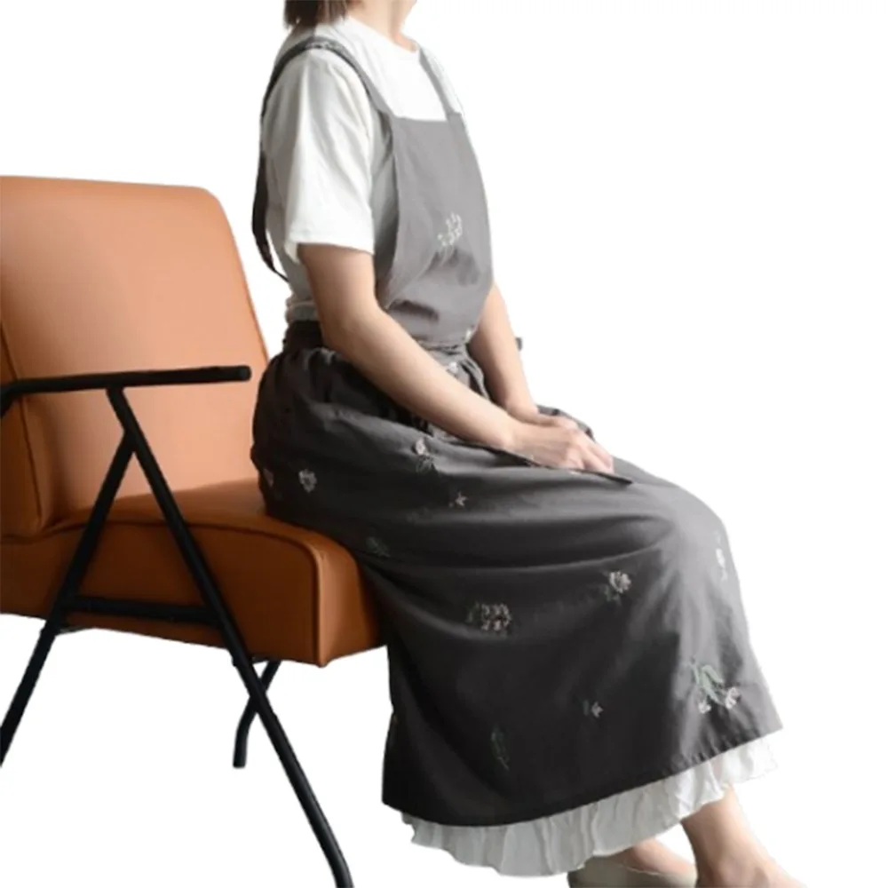 

Хлопковый кухонный фартук с вышивкой X-образная спинка, фартук для художественного магазина с цветочным принтом и карманами, домашний рабочий фартук