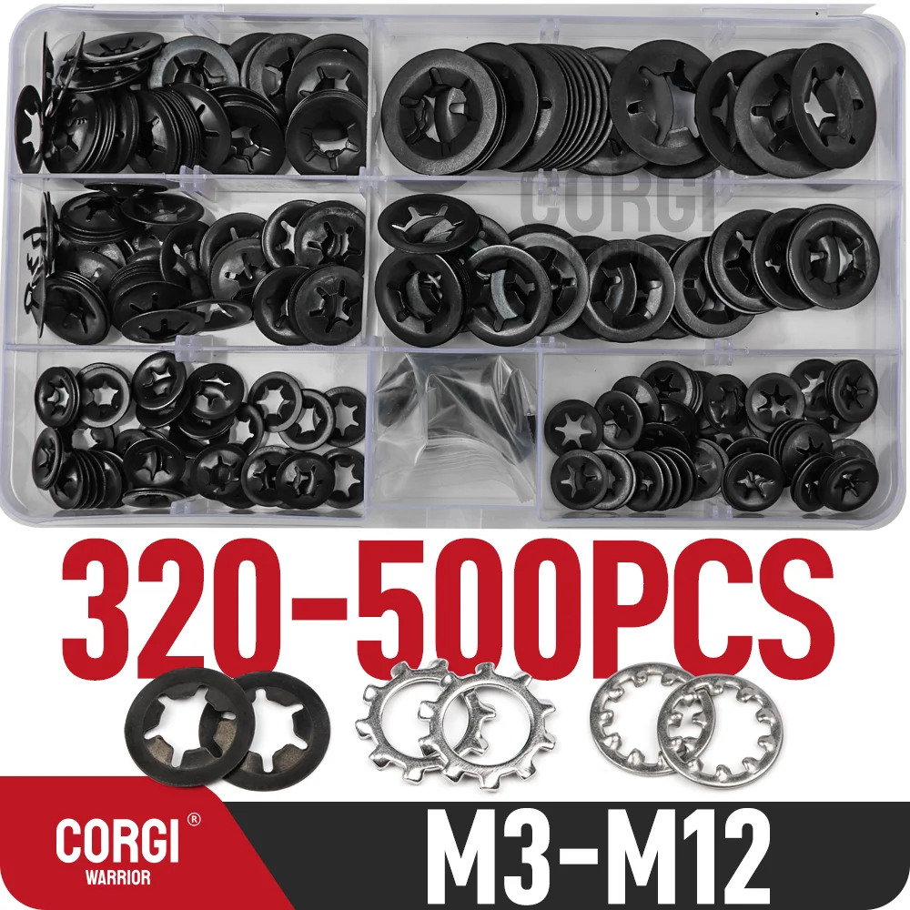 Sortiment an bis zu 500 interne Außenzahn-Stern-Sicherungsringe, M2,5, M3, M4, M5, M6, M8, M10, M12, Edelstahl, Federstahl, 65 Mn