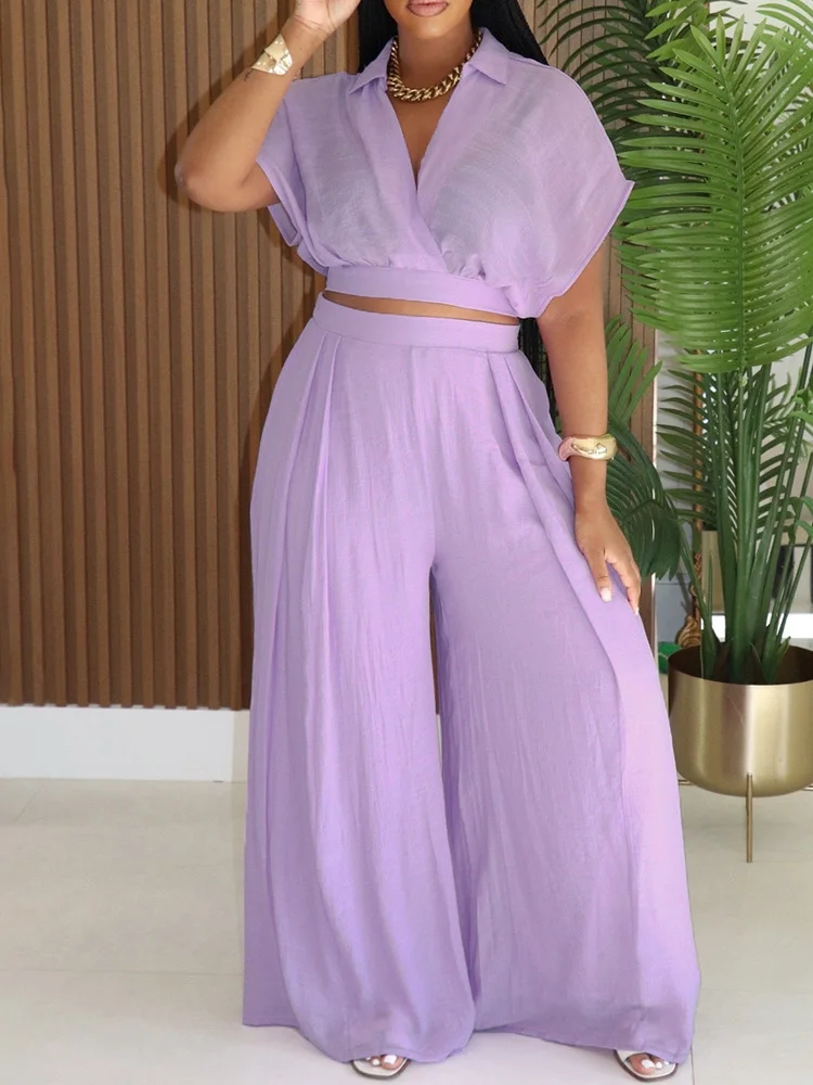 Womens 2 Piece Outfits 2026 Summer Short Sleeve V-Neck Crop Top and Wide Leg Palazzo Pants Matching Sets Casual Beach Holiday
