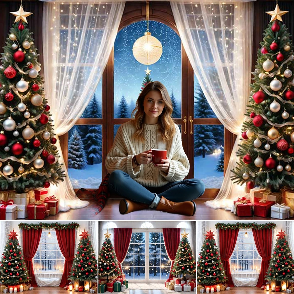 

MOON.QG Christmas Room Decoration Background For Photographs Xmas Trees Window Curtain Backdrop Kids Photozone Photobooth Studio