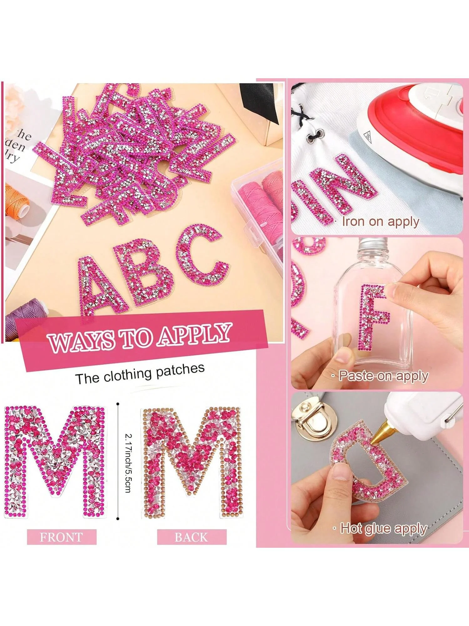 Rhinestone Iron On Patch Initial A-Z Pearl Bling Rhinestone Letter Patch Glitter Alphabet Rhinestone Pearl English Letter(Pink)