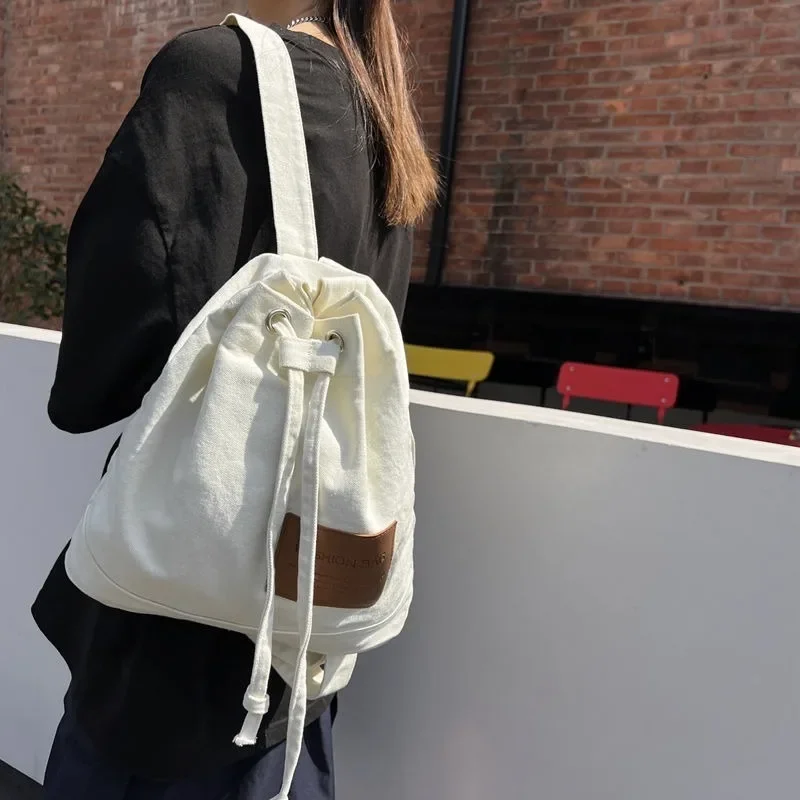 

BOMO Forest Style Rucksack Women Drawstring Minimalist Design Bundle Pocket Womans Bag Korean Canvas Material Purity Backpacks