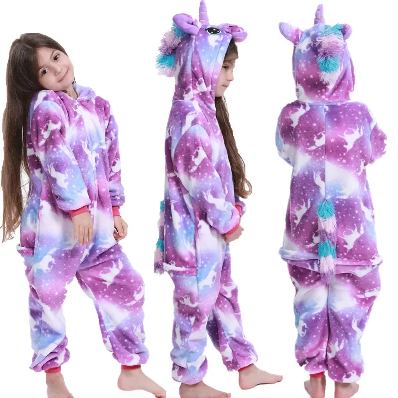 2 4 6 8 9 10 12 Years Girls Purple Pink Jumpsuits Unicorn Pajamas Kigurumi Toddler Kids Hooded Flannel Home Wear Children Onesie