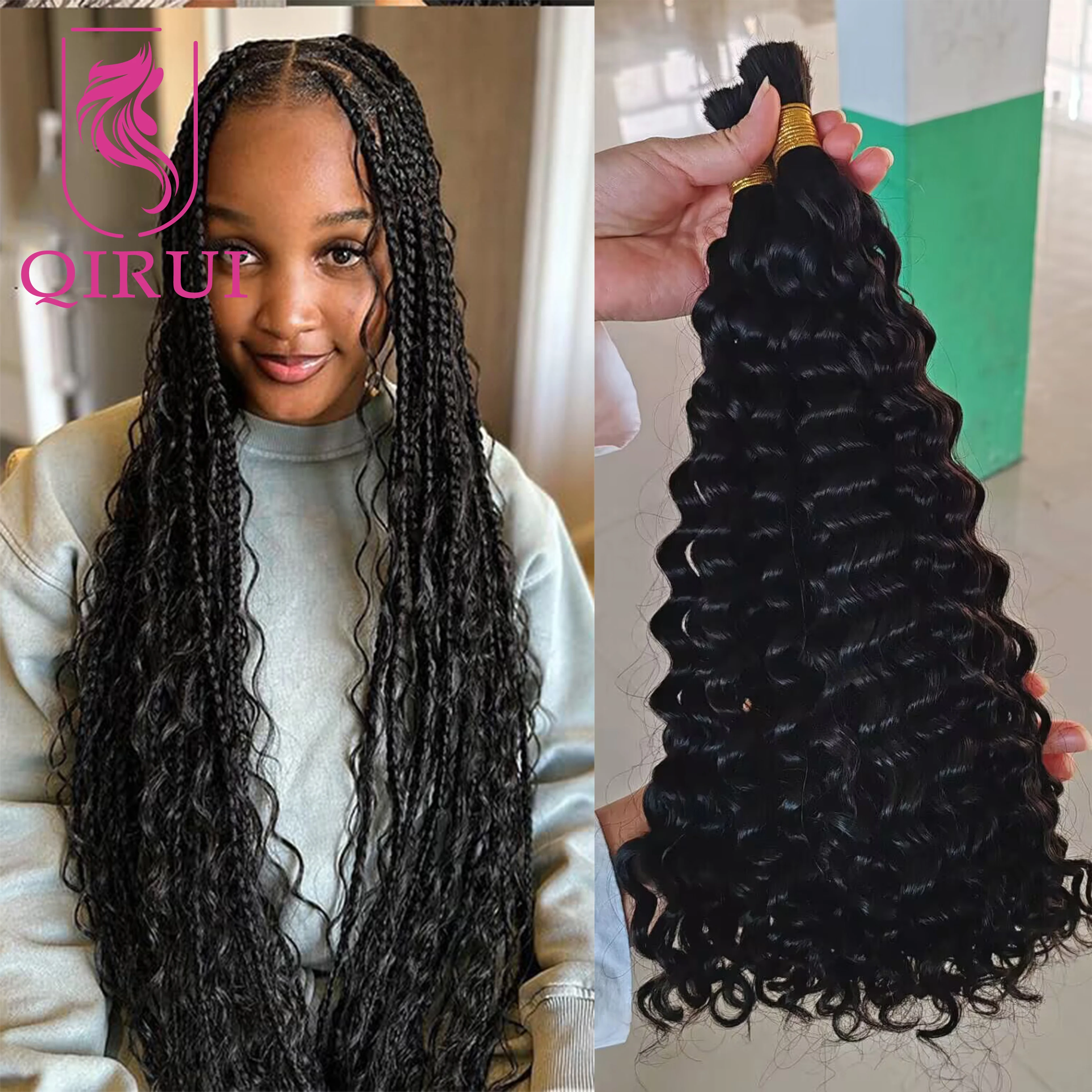 

Bulk Human Hair For Braiding Deep Curly Burmese Remy No Weft Bundles Double Drawn Bohemian Boho Box Braids Hair Extensions