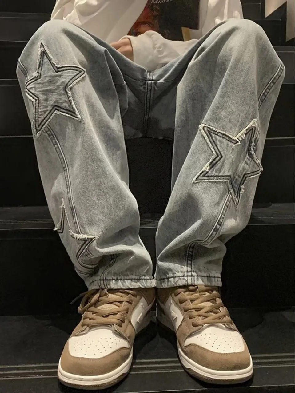Patchwork Jeans Men's Star Pattern Straight Pants High Waisted Denim Pants Mens Baggy Jeans Zipper Fly Jeans Hip Hop Streetwear