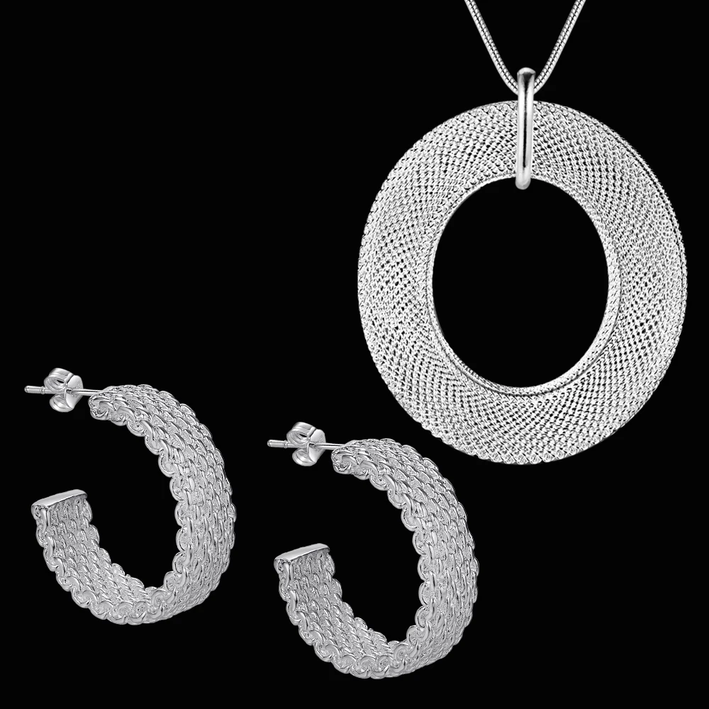 

Factory direct Hot 925 Sterling Silver Fine Mesh Pendant necklace earrings stud for woman Fashion Party wedding Jewelry set