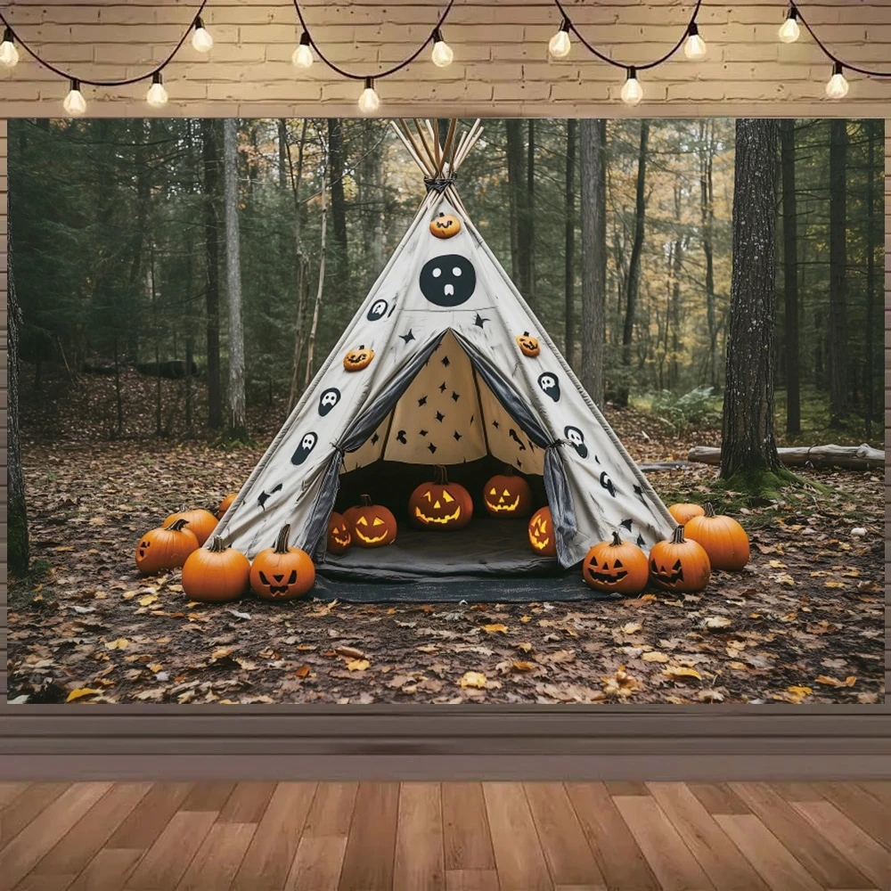 Autumn Halloween Party Decor Backgrounds Forest Leaves Star Tent Pumpkin Lanterns Kids Adults Photo Photography Backdrop Props
