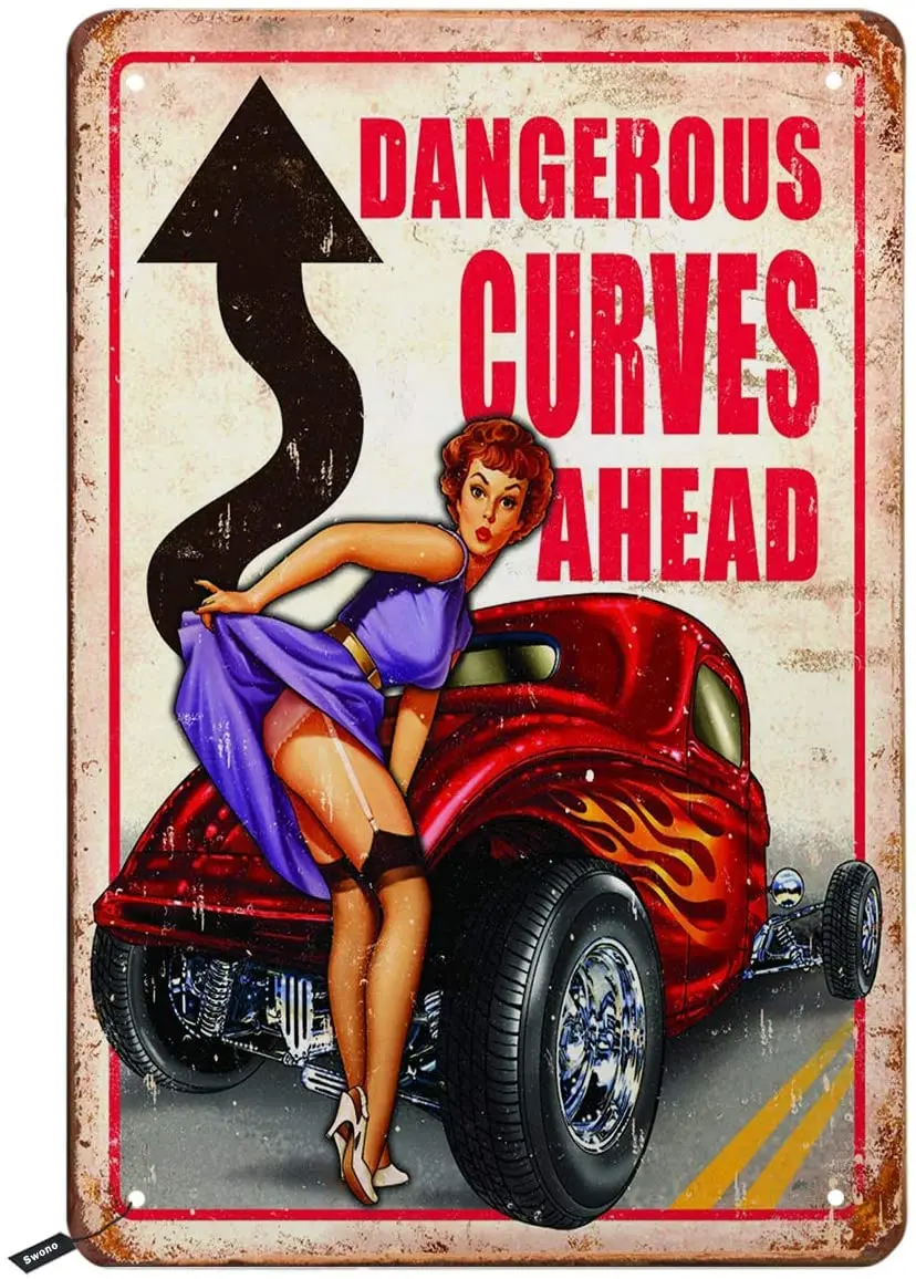 Swono Dangerous Curves Ahead Tin Signs,Pin Up Girl with Red Car Vintage Metal Tin Sign for Men Women,