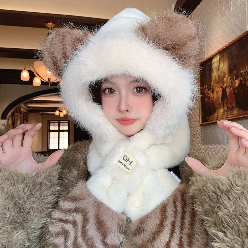 Cute 2-in-1 Leopard Print Hooded Scarf Ear Protection Thickened Ear Warmer Scarf Fluffy Soft Hat Scarf Set Autumn Winter