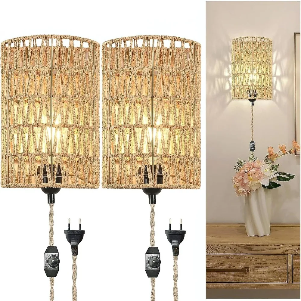 

Pack of 2 Boho Paper Rope Wall Lamp with Dimmable Switch&Plug Indoor Rustic Handmade Hemp Rope Wall Lights for Bedroom Staircase