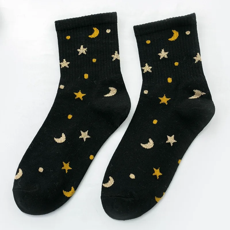1/4 Pairs Spring and Autumn Universe Starry Sky Star Moon Women's Mid Socks Trendy Versatile Casual Comfortable Women's Socks