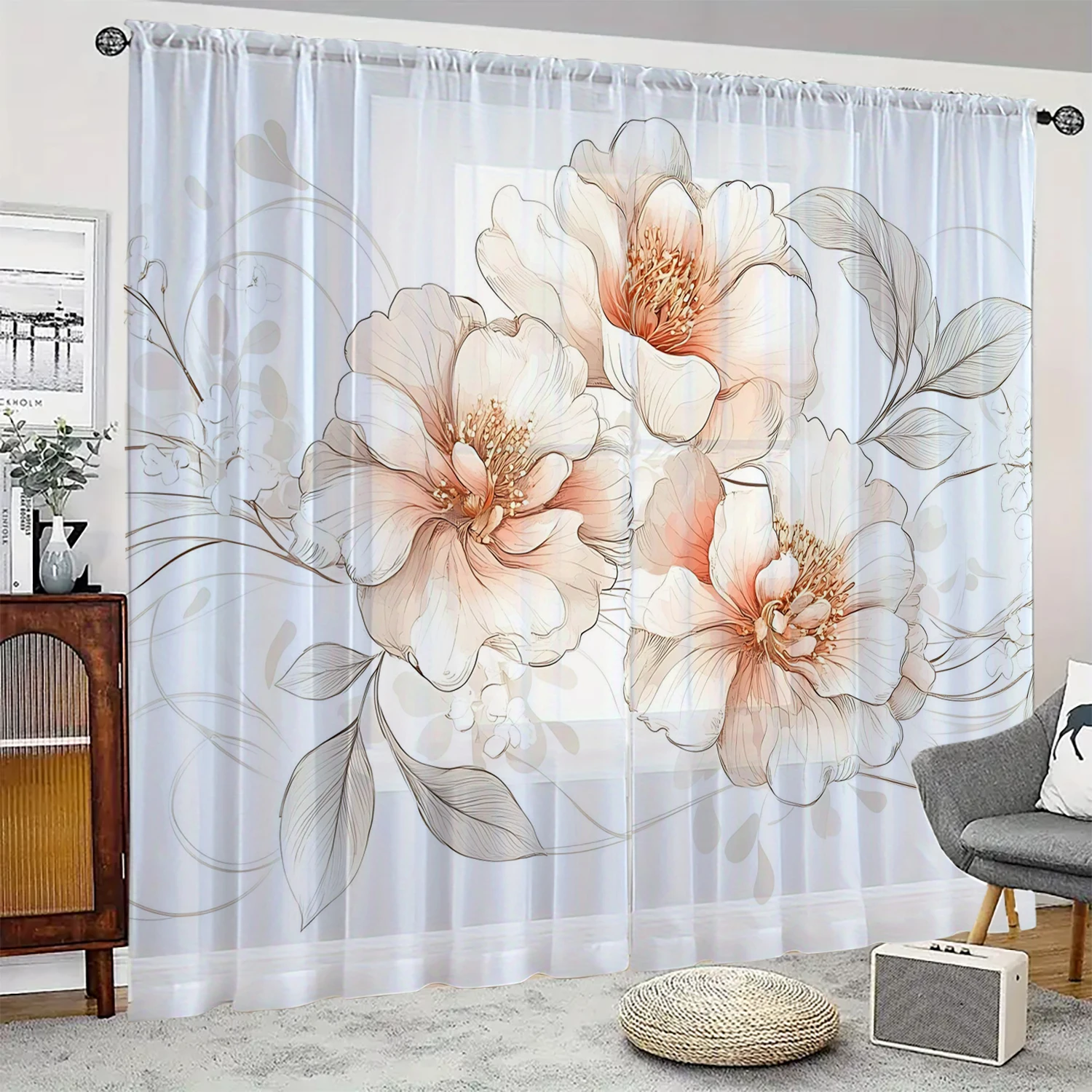 

2 pieces HD digital Three dimensional flowers printed window screen home decor style decoration living room window screening
