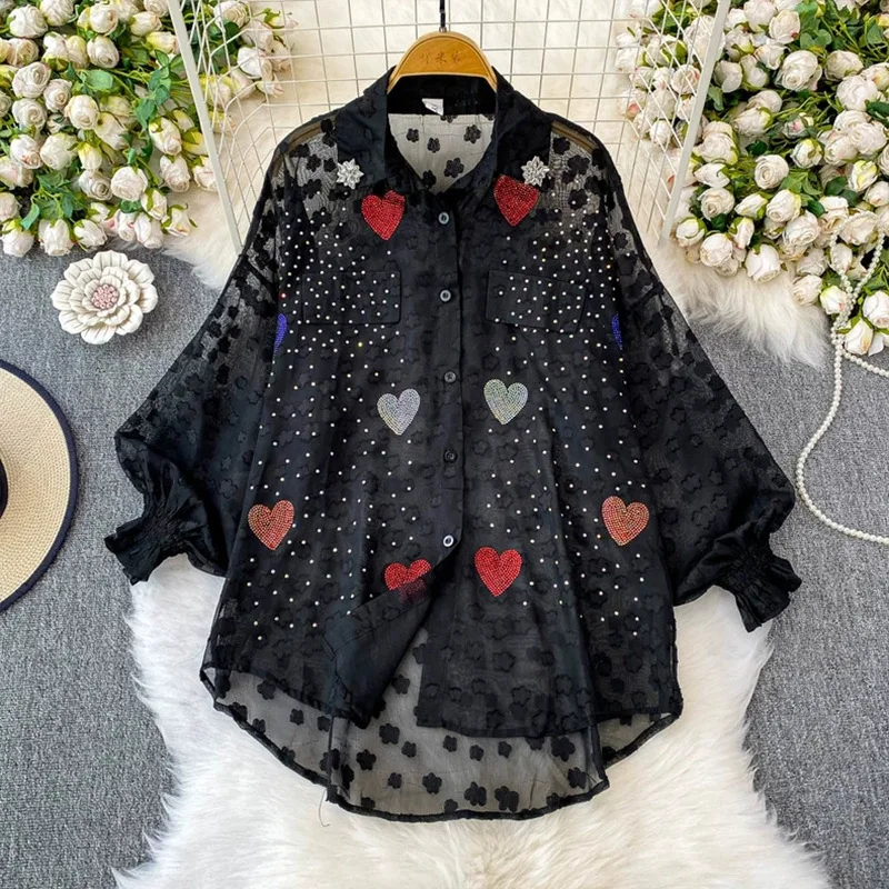 Einzigartiges Design, ohrförmiger Strass-Umlegekragen, Laternenärmel, Sonnenschutzhemd für Damen, Sommer, locker, mittellang