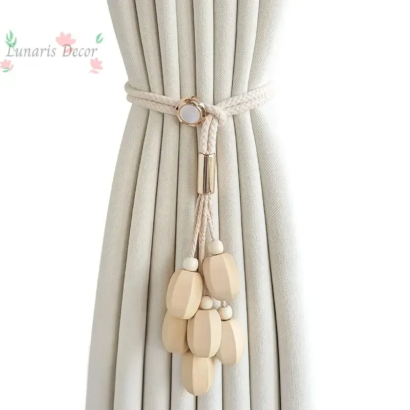 Adjustable curtain buckle strapping with log bead strapping rope, living room decorative gauze curtain storage strapping rope