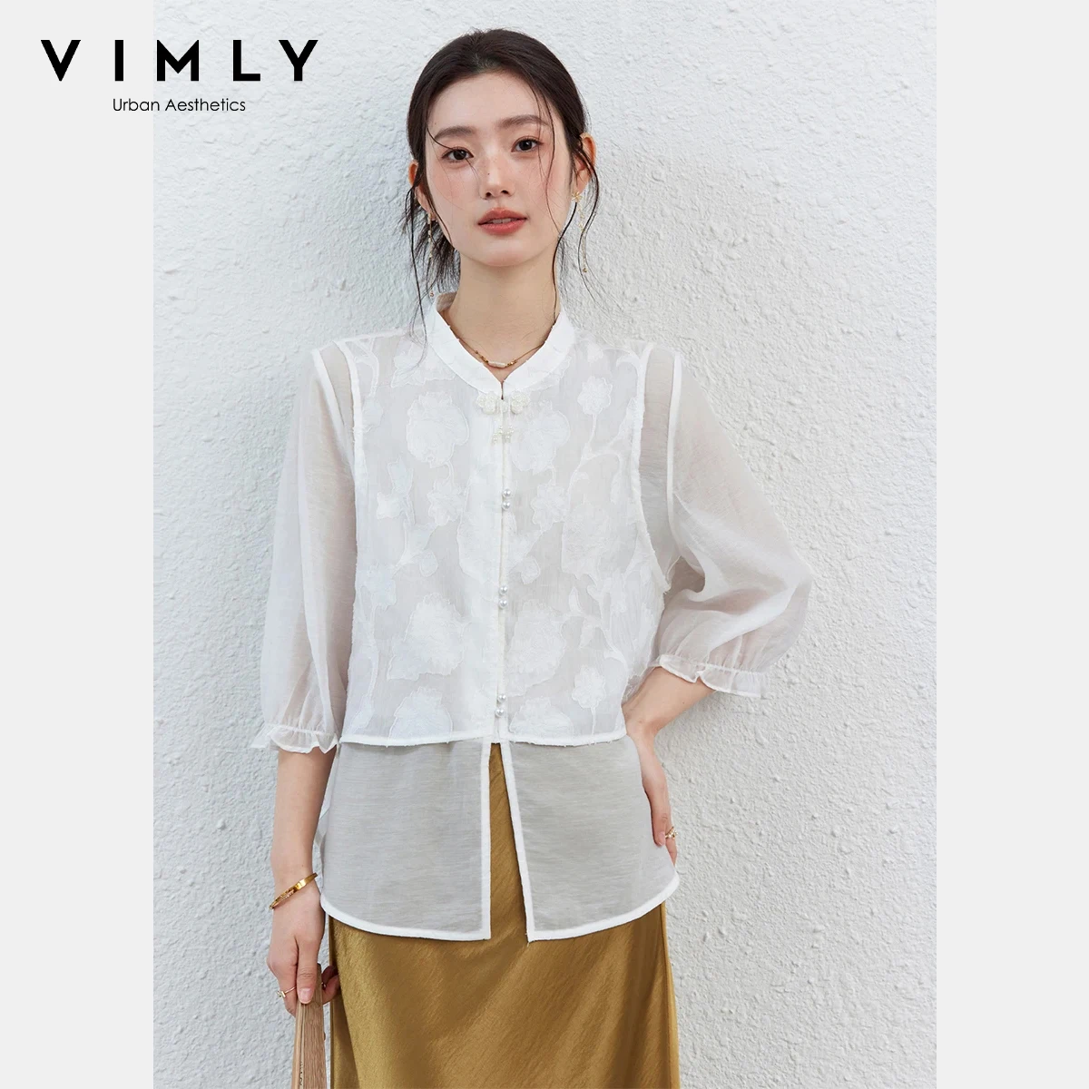 

VIMLY Women's Fake Two-Piece Blouse 2026 Spring New Jacquard Stand Collar Frog Button Casual Long Sleeve Chiffon Shirt A5102