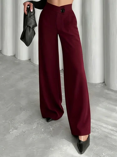 Imagen 2 del producto Pantalones de pierna recta elegantes informales con cintura en forma de V asimétrica de Color puro para otoño e invierno para mujer