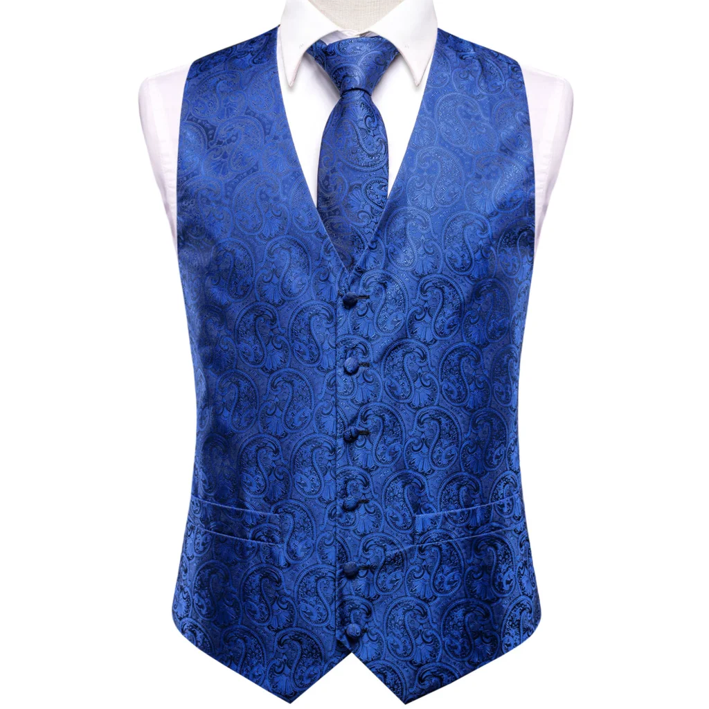 Luxury Silk Mens Vest Tie Bowtie Set Sleeveless Jacket Suit Waistcoat Necktie BHanky Cufflinks Beige Gray Gold Purple Blue Red