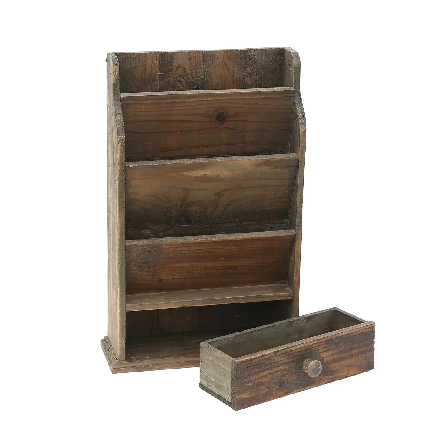 

Rustic Wooden Wall Mount Organizer with 3 Shelves and Drawer, Brown Vintage Desktop Storage Rack, 47.5cm Height
