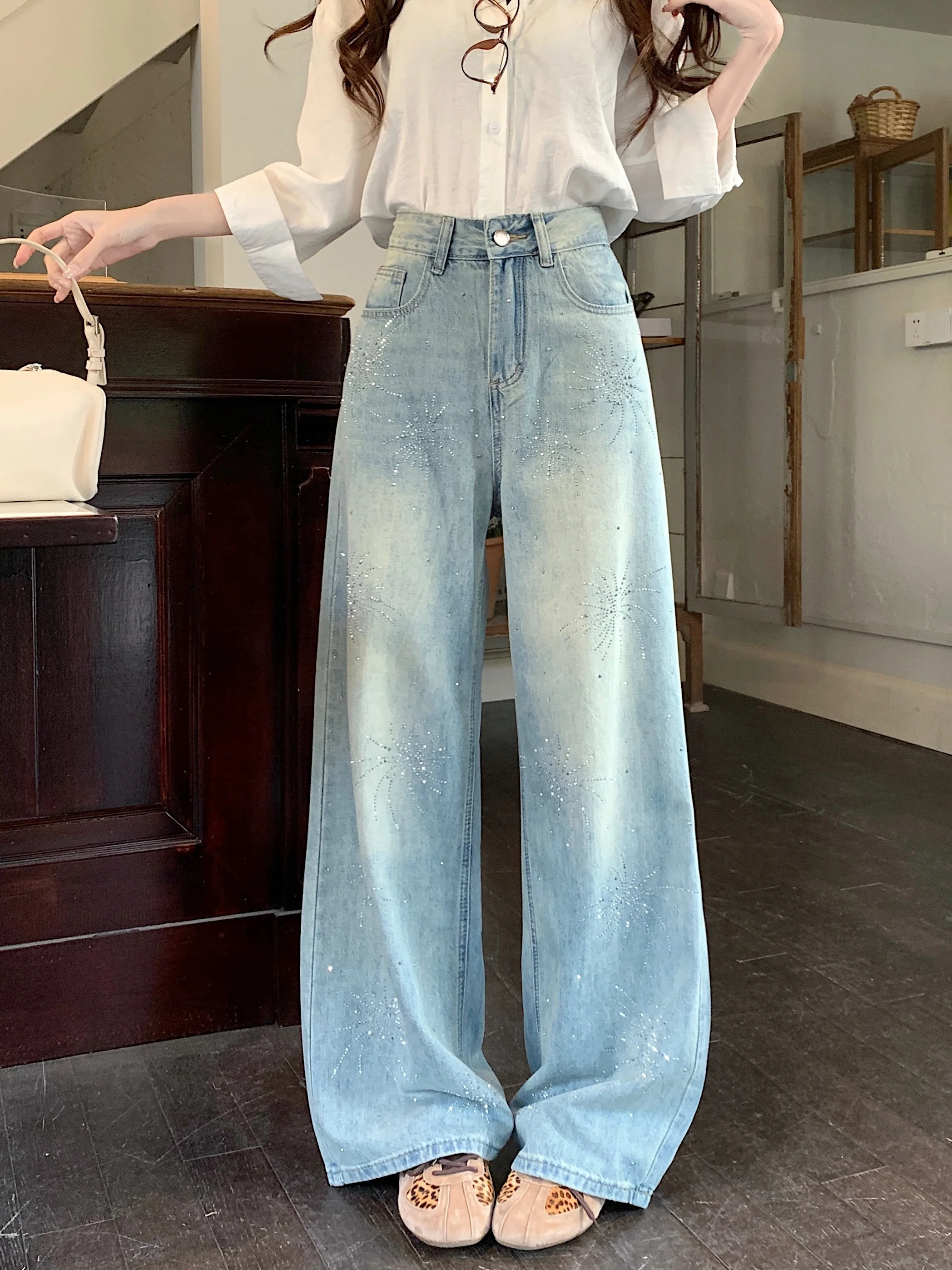 

Blue Faded Straight Leg Jeans Women's High Waist Wide Leg Pants Floor Length Diamond Studded Spring Season Ladies Jeans
