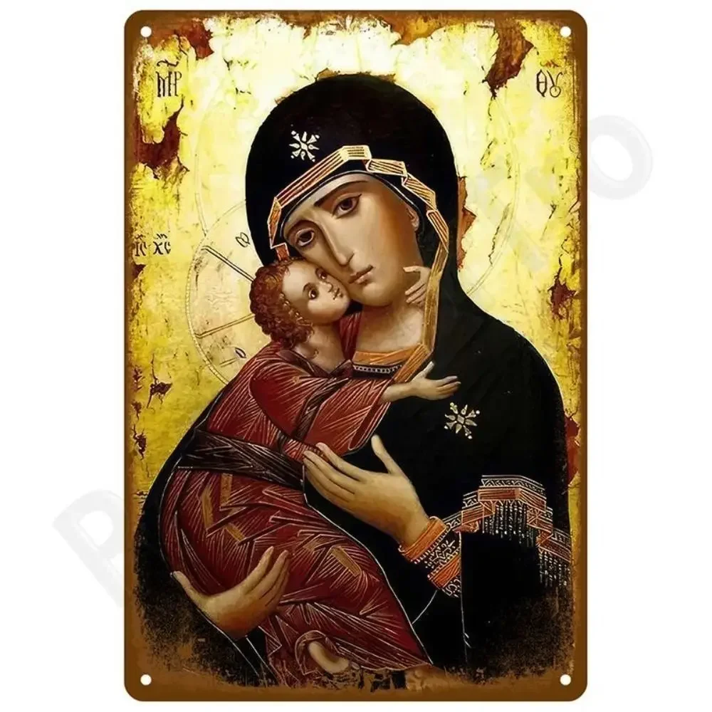 CIFBUY Orthodox Icon of Virgin Mary and Child Metal Wall Poster, Religious Decor for Prayer Space, 20x30cm 2D Flat