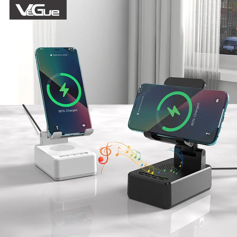 Vegue Portable Desktop 3 in 1 Wireless Charger with Tablets Phone Stand Bluetooth Speaker with Radio Function