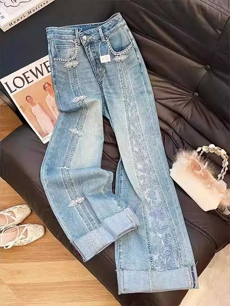 

New Chinese style heavy industry retro embroidered jeans for summer 2025 fashionable slimming straight leg pants