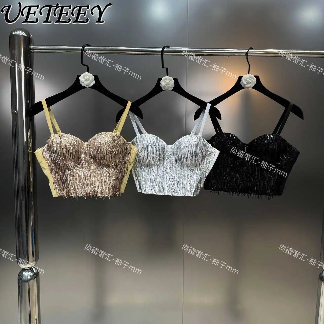 Summer New with Chest PadSexy Beauty Back Sling Crop Tops Heavy Industry Tassel Unique European and American Style Camisole