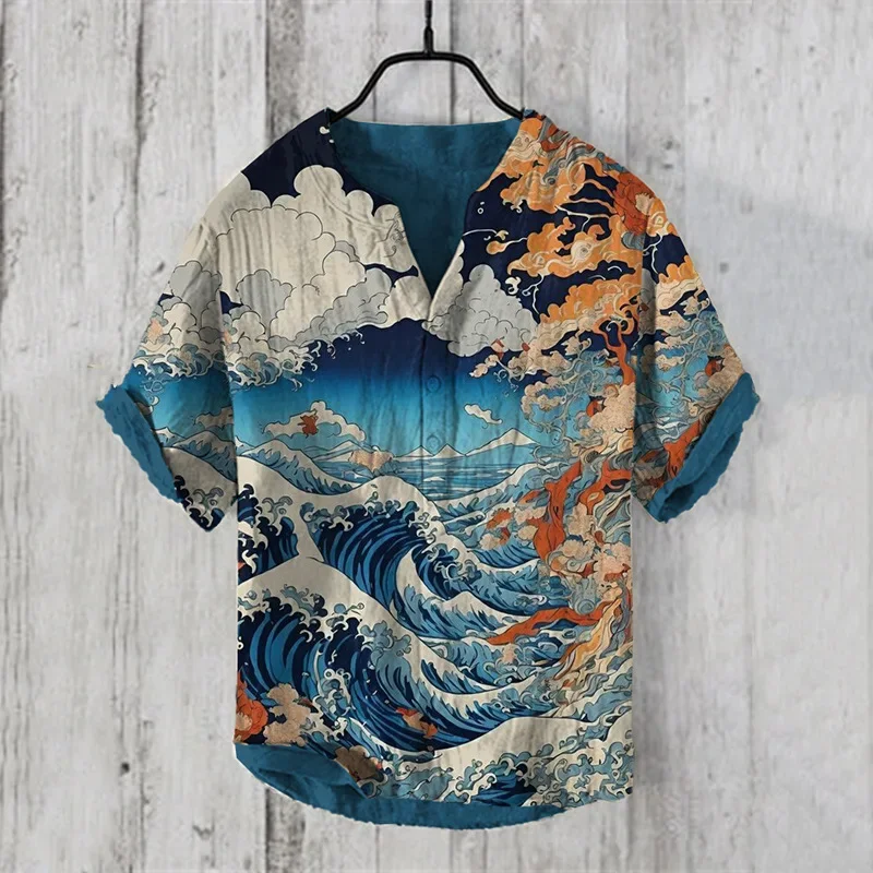 

Men's Hawaiian art print sea wave series 3D digital print casual loose short-sleeved three-breasted shirt