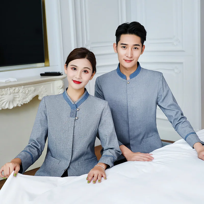 Wholesale Supply Linen Plaid Cleaning Service Uniform Autumn and Winter Clothing Large Size Hotel Room Attendant Long Sleeve PA