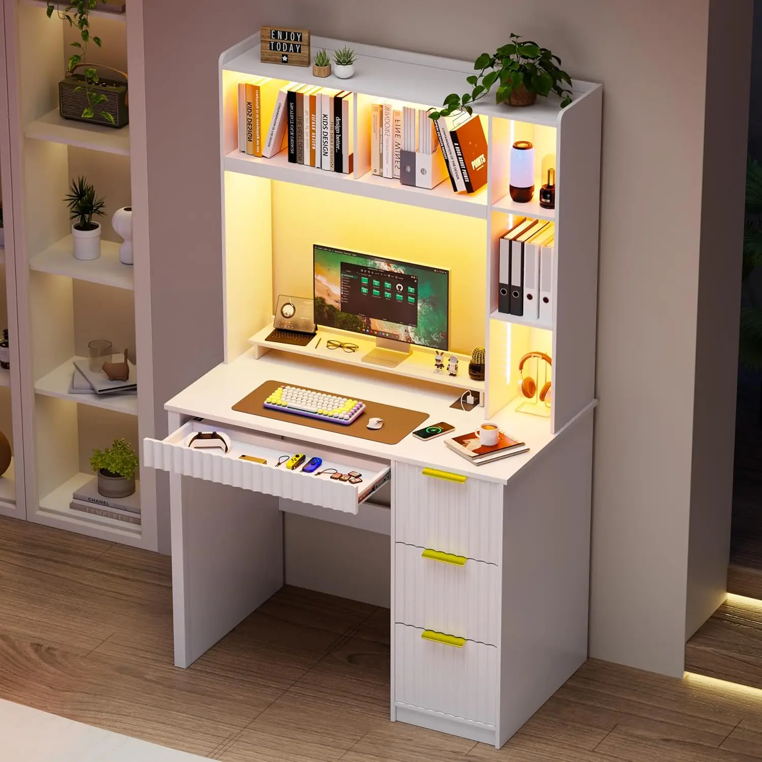 

39" Computer Desk with Hutch LED Charging Station 3 Drawers Hidden Compartment Fluted Panel Bedroom Study Office, Customized