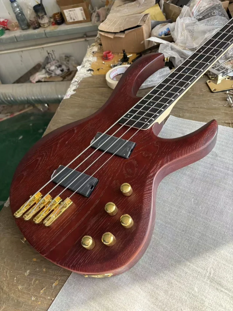 Customized 4-string brown electric bass, rosewood fan-shaped fretboard, gold hardware, active electronic equipment, free shippin