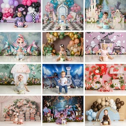 Themed Birthday Party Backdrop Kids Baby Cake Smash Photography Props Balloon Arch Mermaid and Princess Girls Boys Backgrounds