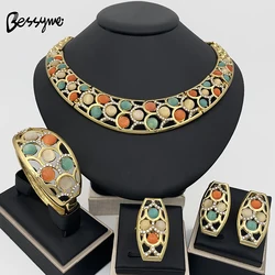 Italian 18k Gold Plated Opal Jewelry Set luxury Necklaces Ring Earring Bracelet For Women Wedding Party Gift