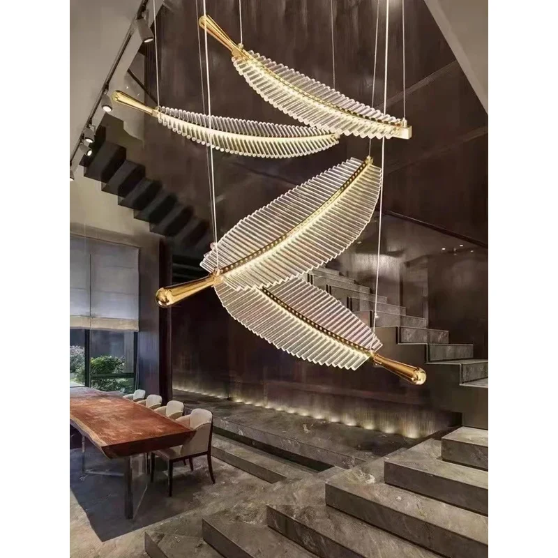 Luxury Modern Minimalist Duplex Villa Staircase Living Room Dining Room Hotel Lobby Creative Feather Leaf Art Chandelier