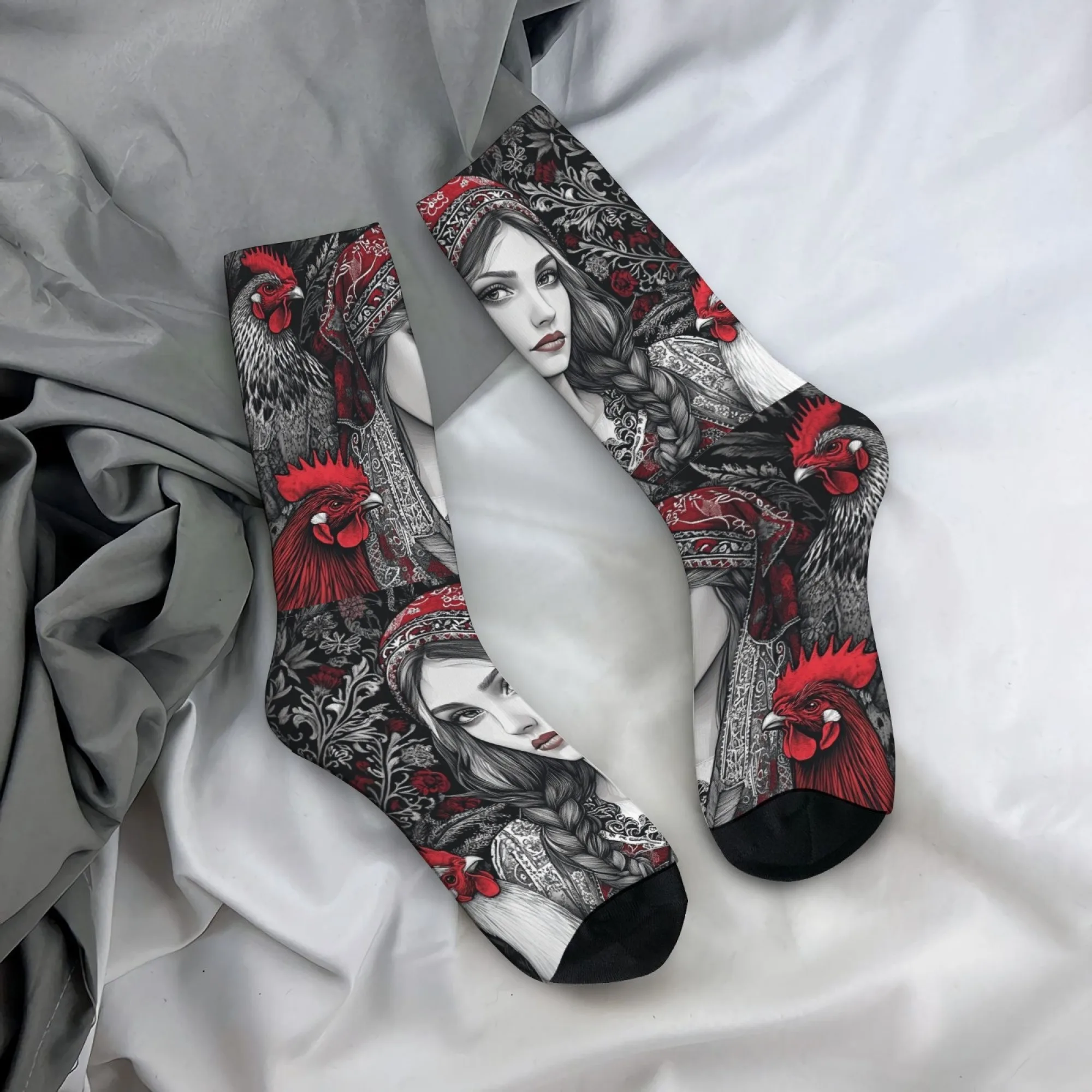 

Мужские носки в стиле ретро с этнической девушкой и петухом, дышащие противоскользящие повседневные модные носки, новинка, забавные компрессионные носки