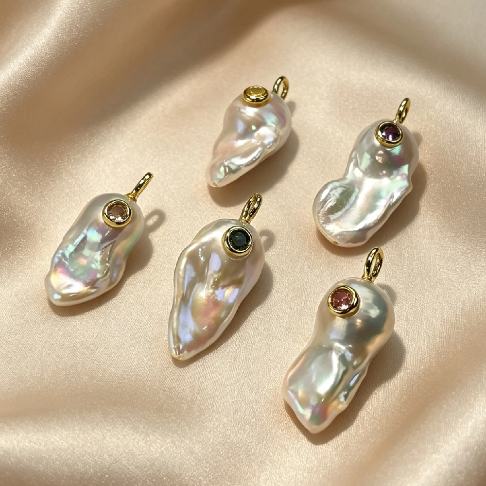 1PC Baroque Pearl Pendant Inlaid Colorful Gemstone DIY Necklace Charm Women Fashion Jewelry Gold Plated P2D1074