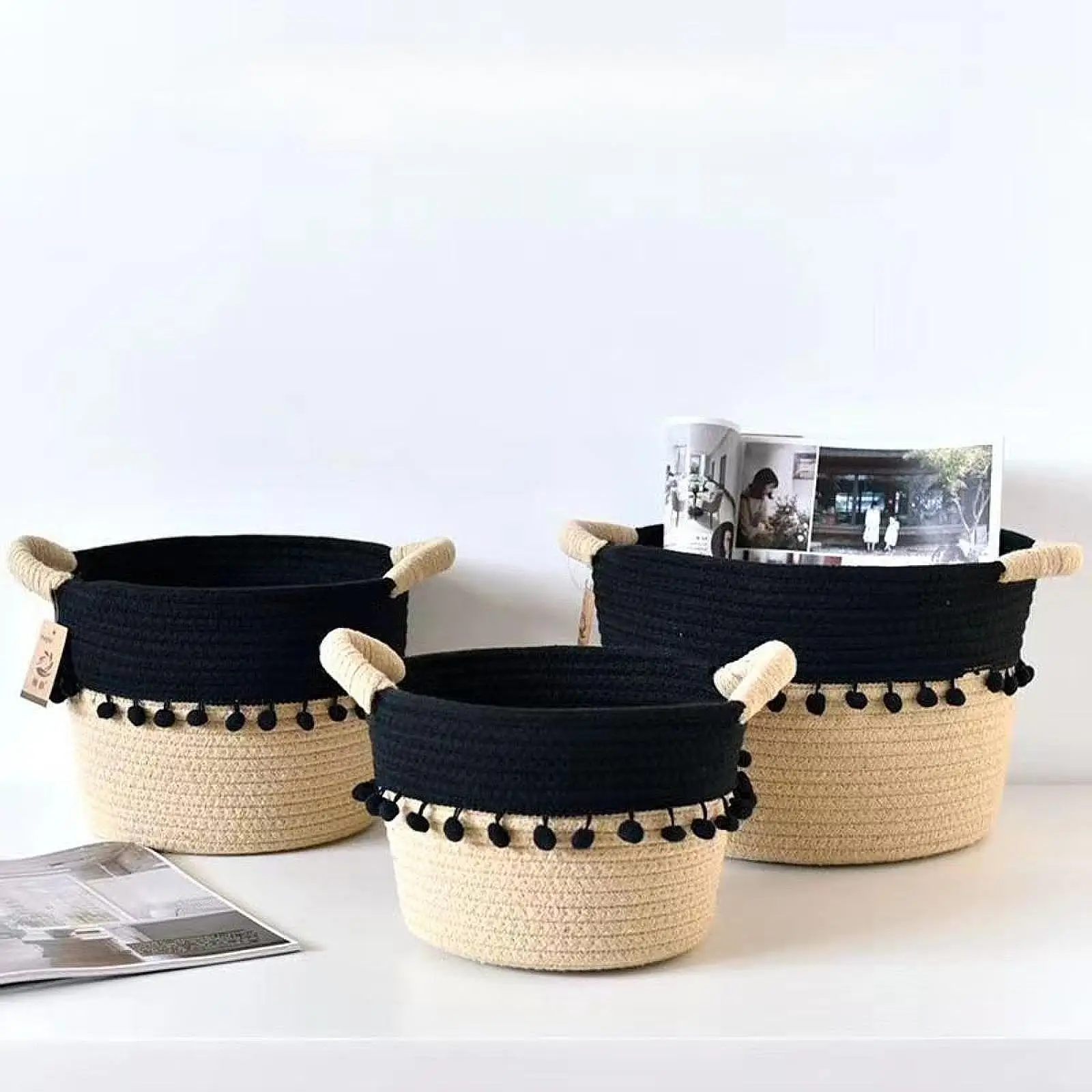 3Pcs Woven Baskets Cosmetic Storage Bin Ornament with Tassel Makeup Brush Holder for Counter Closet Tabletop Entrance Bathroom