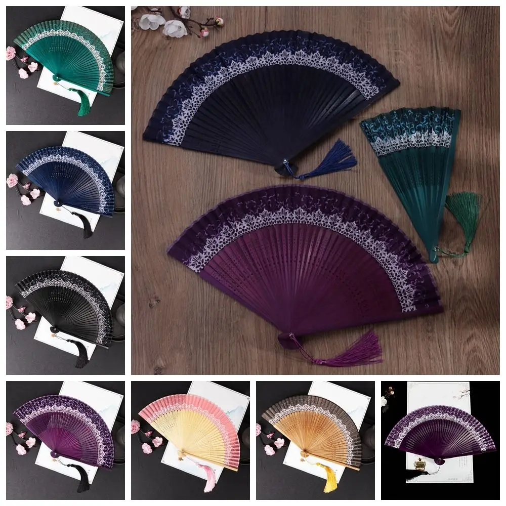 Ancient Folding Folding Fan With Tassel Silk Cloth Dance Fan Bamboo Change Color Home Decor