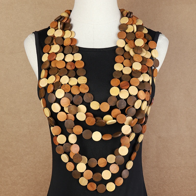 New 1pcs 7 Layer Multi-color Necklace Women Wooden Chips African Choker Necklace For Women Party Wedding Dress Jewelry Gifts