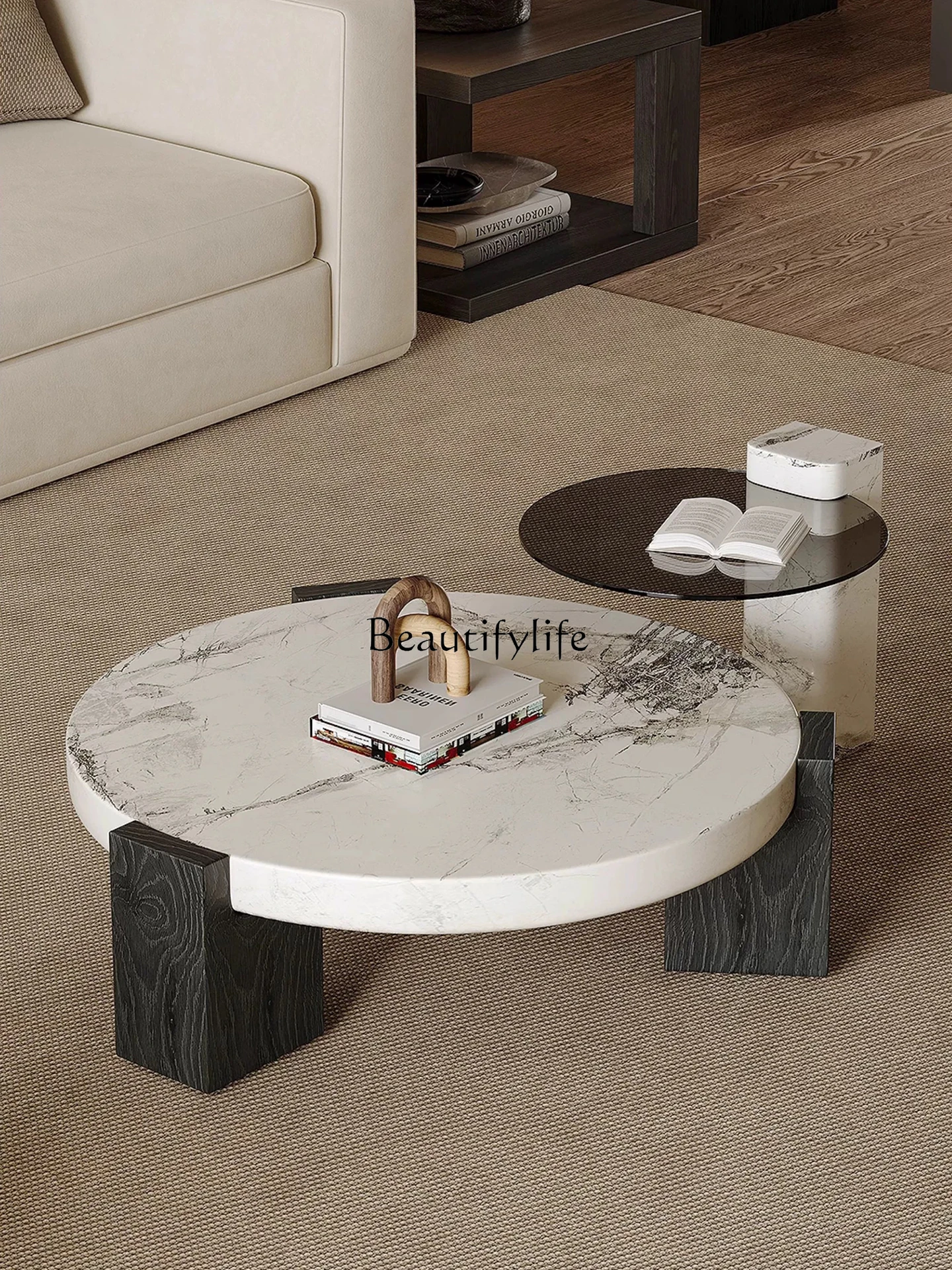 

Italian light luxury marble coffee table modern minimalist round coffee table combination