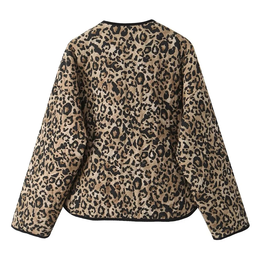 UNIZERA Autumn New Product Women's Casual Loose Leopard Pattern Animal Pattern Printed Round Neck Cotton Jacket Coat