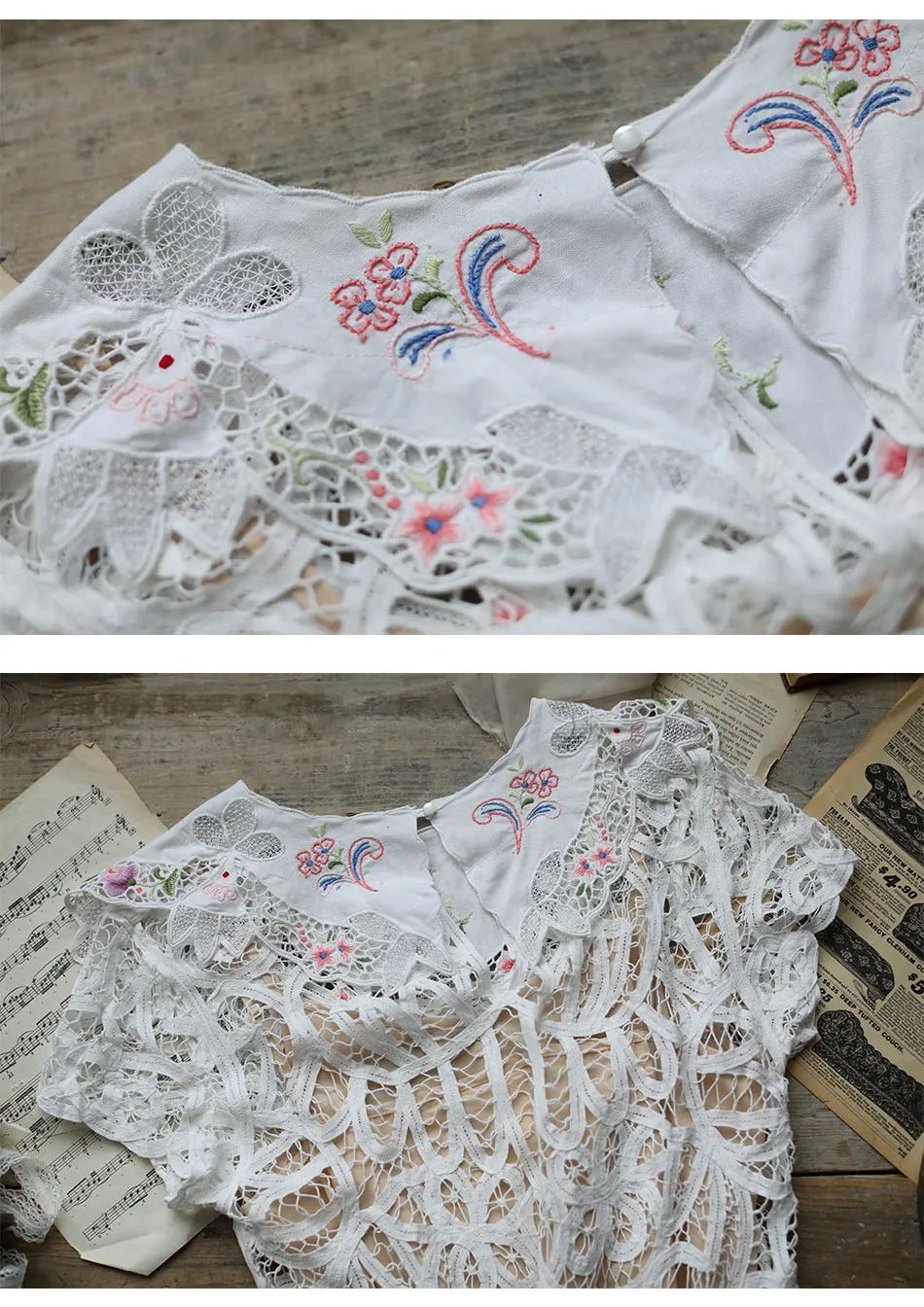 Summer Original Design Women Mori Kei Sweet Vintage Handmade Embroidery Holow Out Lace Slim Twinset Short White Dresses