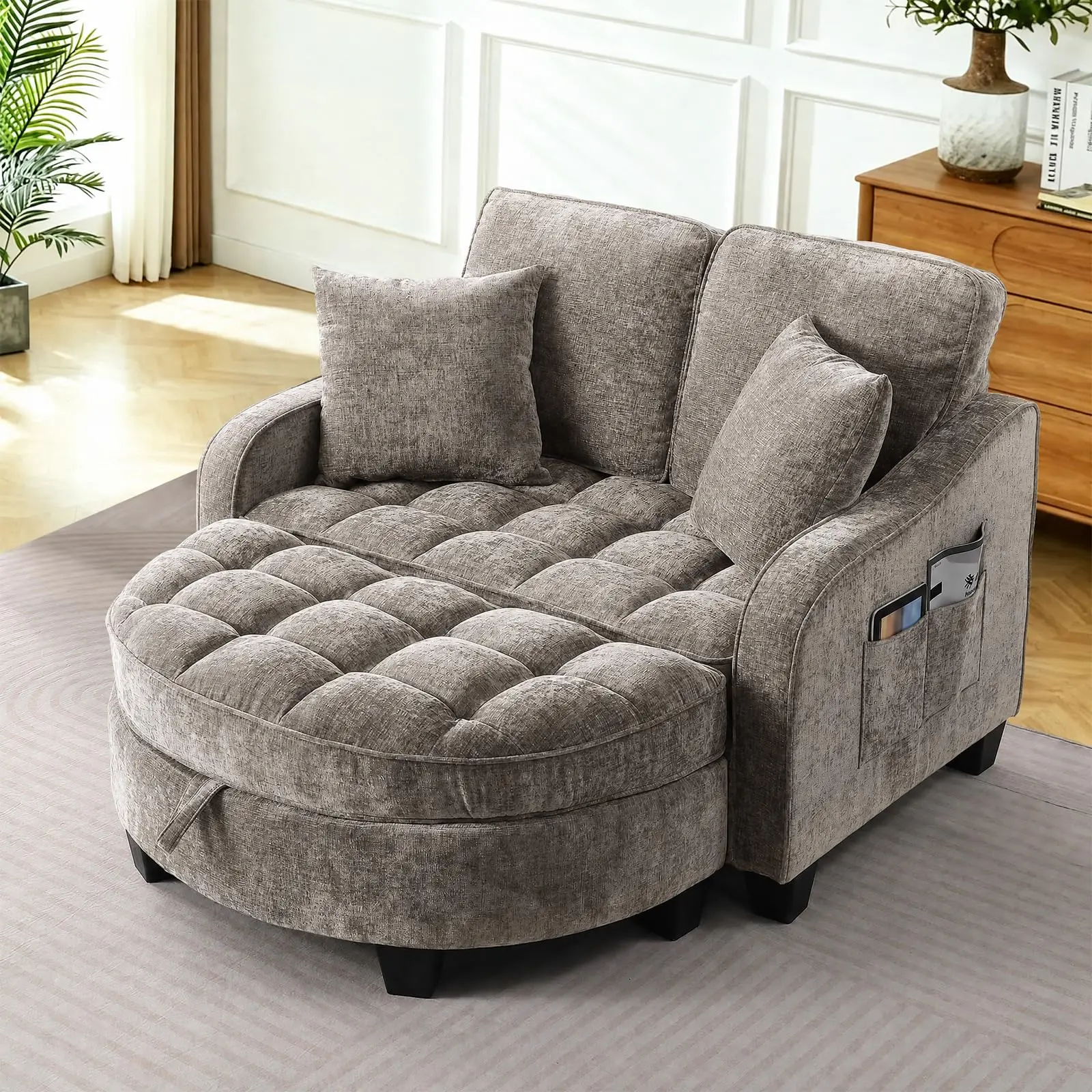 Chaise Lounge Chair Indoor with Storage Ottoman, Comfy Chenille Tufted Loveseat Sofa Chair with Adjustable Backrest