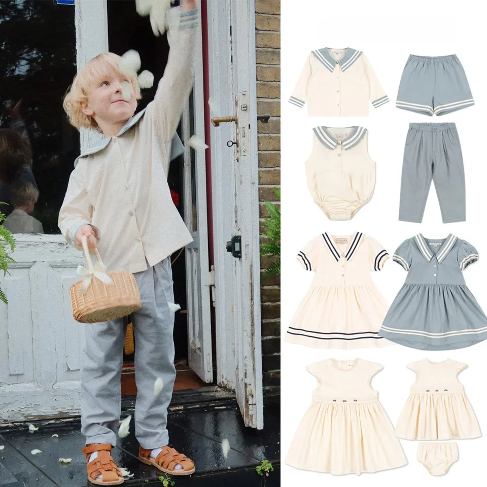 2025 Summer Baby Boy Navy Blue T Shirts Pants Shorts Sets Kids Cotton Clothes Girls Preppy Style Dresses Romper Trousers 1-9Y