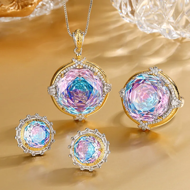 

Vintage Rainbow Crystal Jewelry Adjustable Ring Round Cut Multicolor Gemstone Necklace Earrings for Women Party Accessories Gift