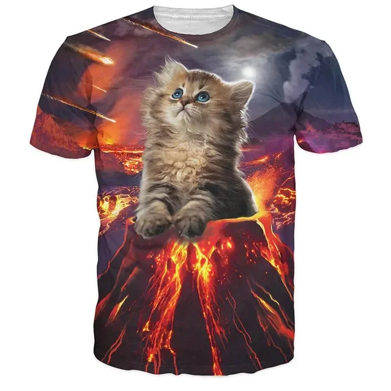 Men Polyester Short Sleeve T Shirt 3D Print Cute Kitten On Volcano Lava Meteor Night Sky Pattern Crew Neck Animal Tee
