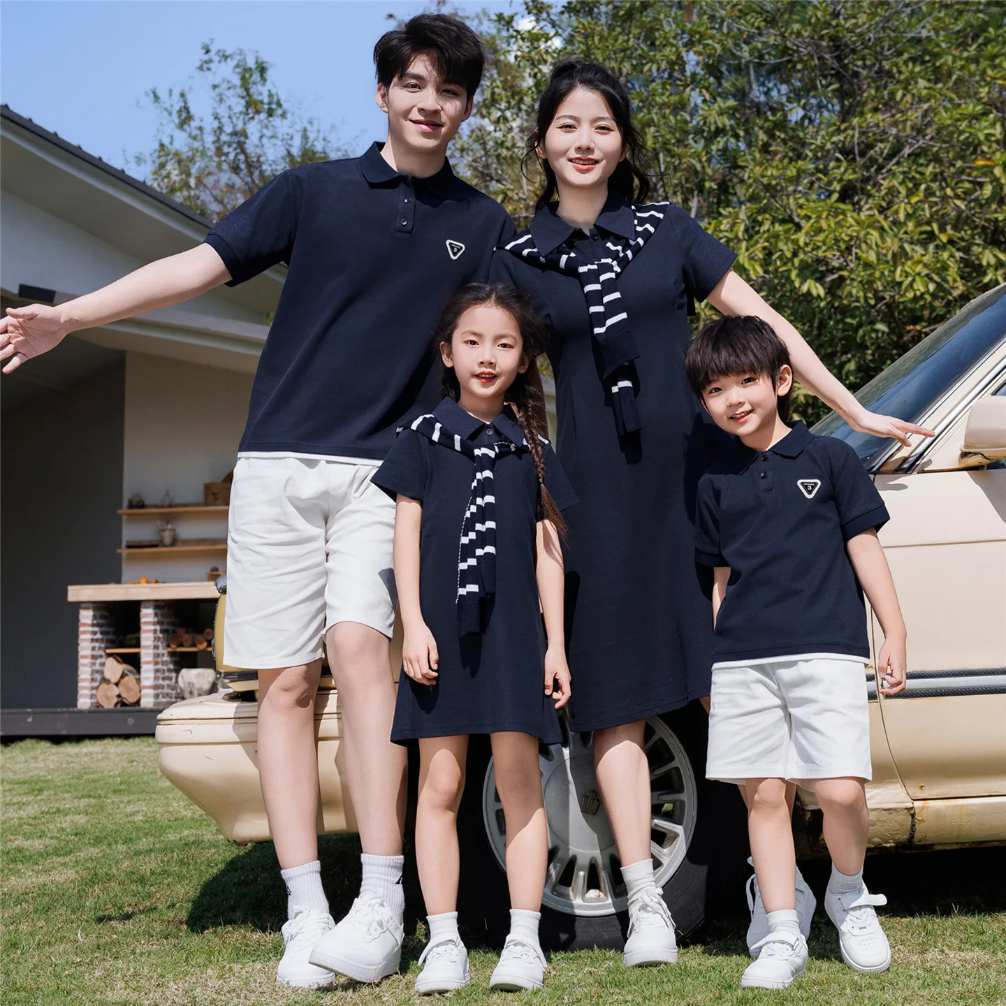 2026 Summer Family Matching Outfits Preppy Style Polo Shirt & Dress Set 3-4PCS Casual Family Look for Mom Dad Kids
