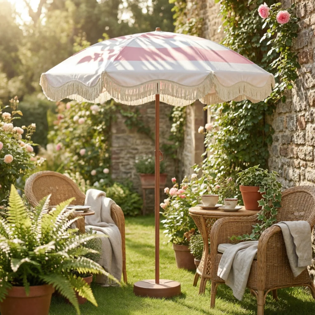 Sunshade with Fringe Vintage Umbrella with Fringe Tilt-Adjustable Sunshade Long-Lasting Portable for Patio, Garden