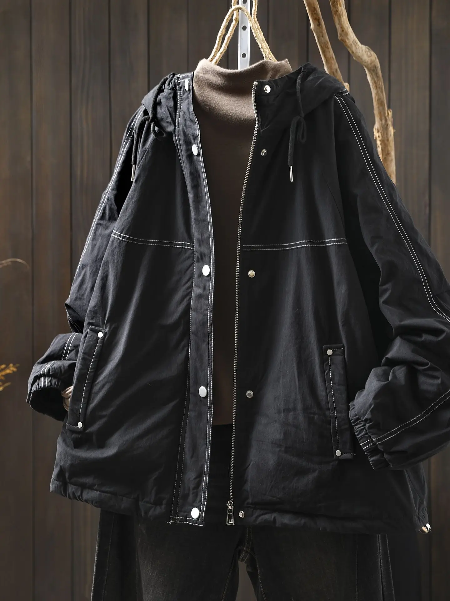 Autumn and Winter New Women's Cotton Jacket Loose Splicing Hooded Commuter Work Jacket