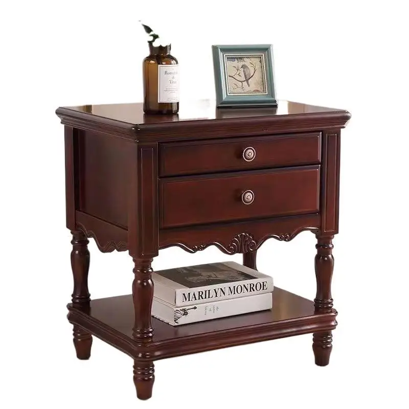 American rural solid wood bedside table retro simple European carved bedroom storage storage cabinet
